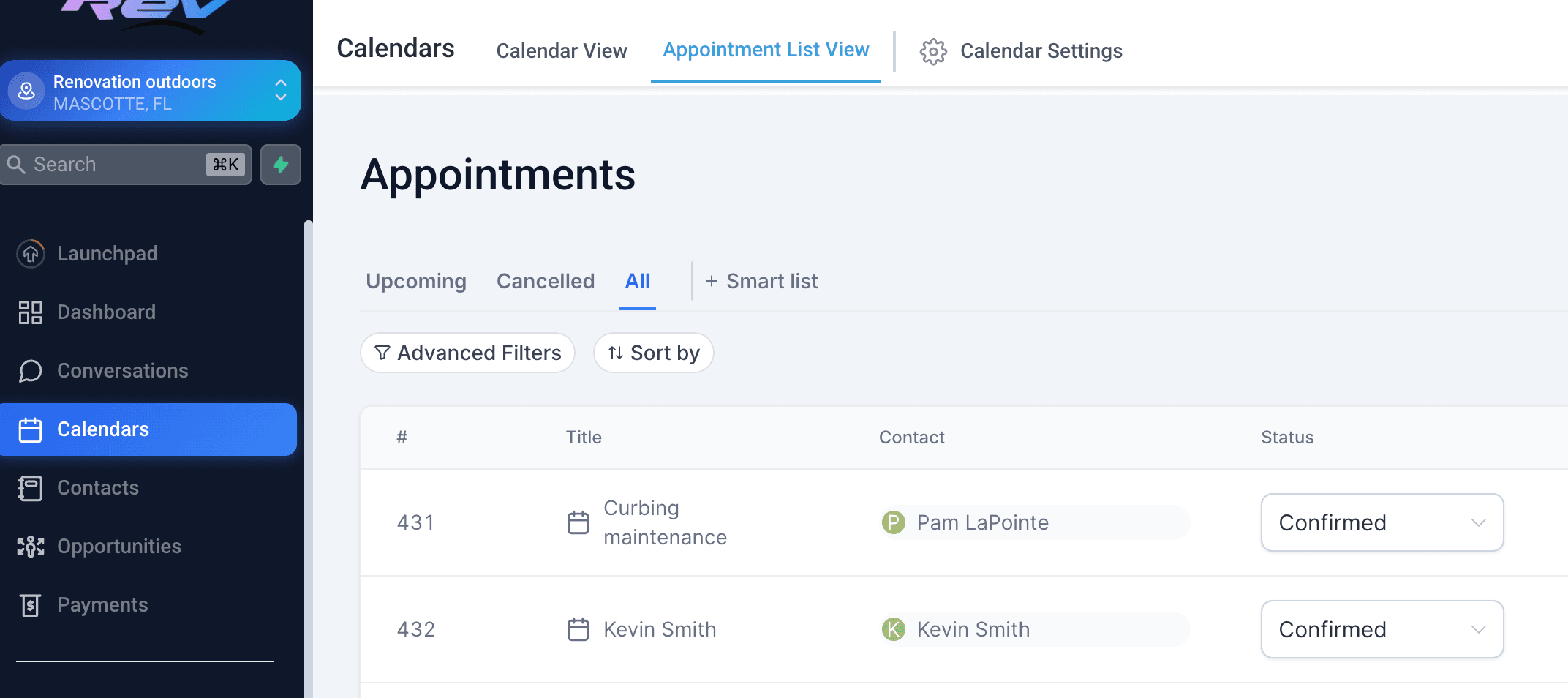 432 appointments booked in the CRM calendar for Renovation Outdoors