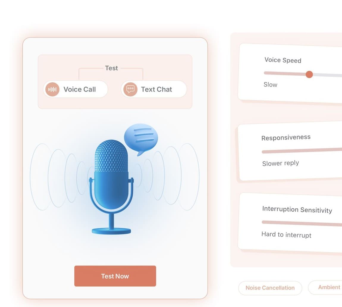 Voice testing panel with mic and Test Now button alongside voice speed, responsiveness and interruption sliders