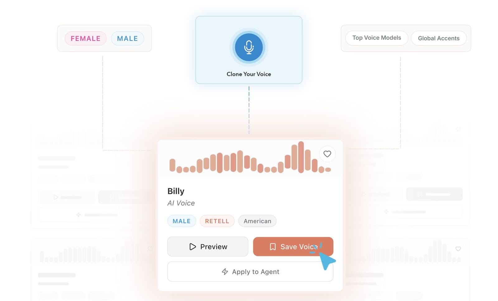 Voice selection interface with Clone Your Voice and a Billy AI voice card
