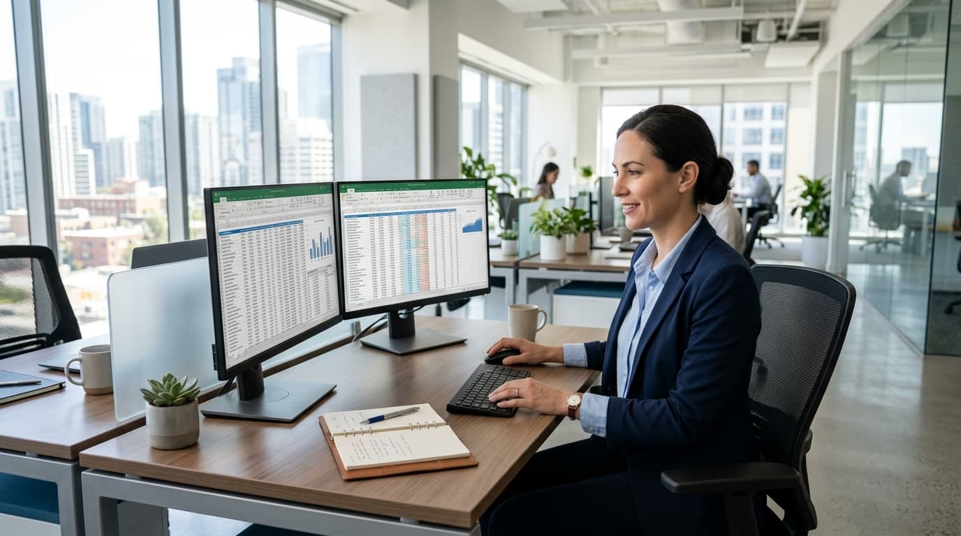 Professional accountant at desk with financial spreadsheets