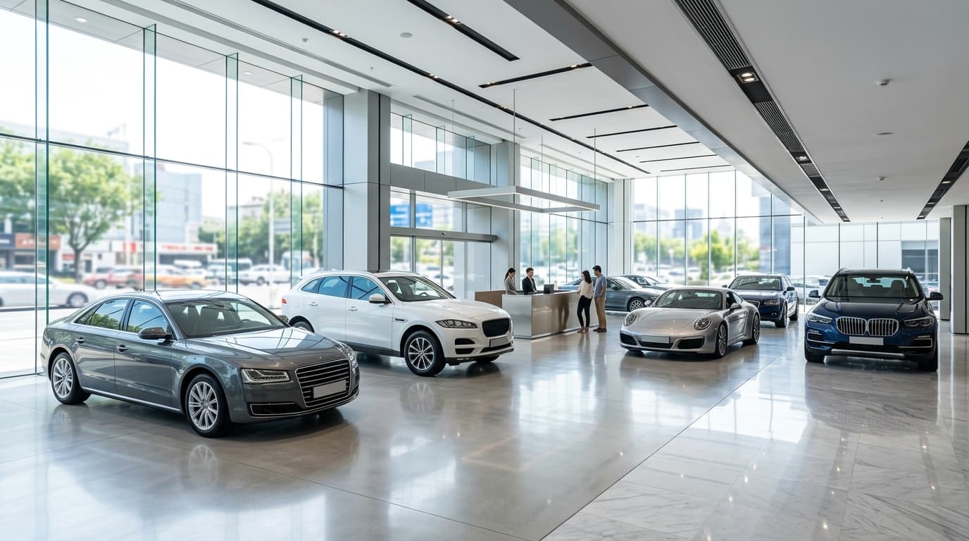 Modern car dealership showroom with vehicles on display