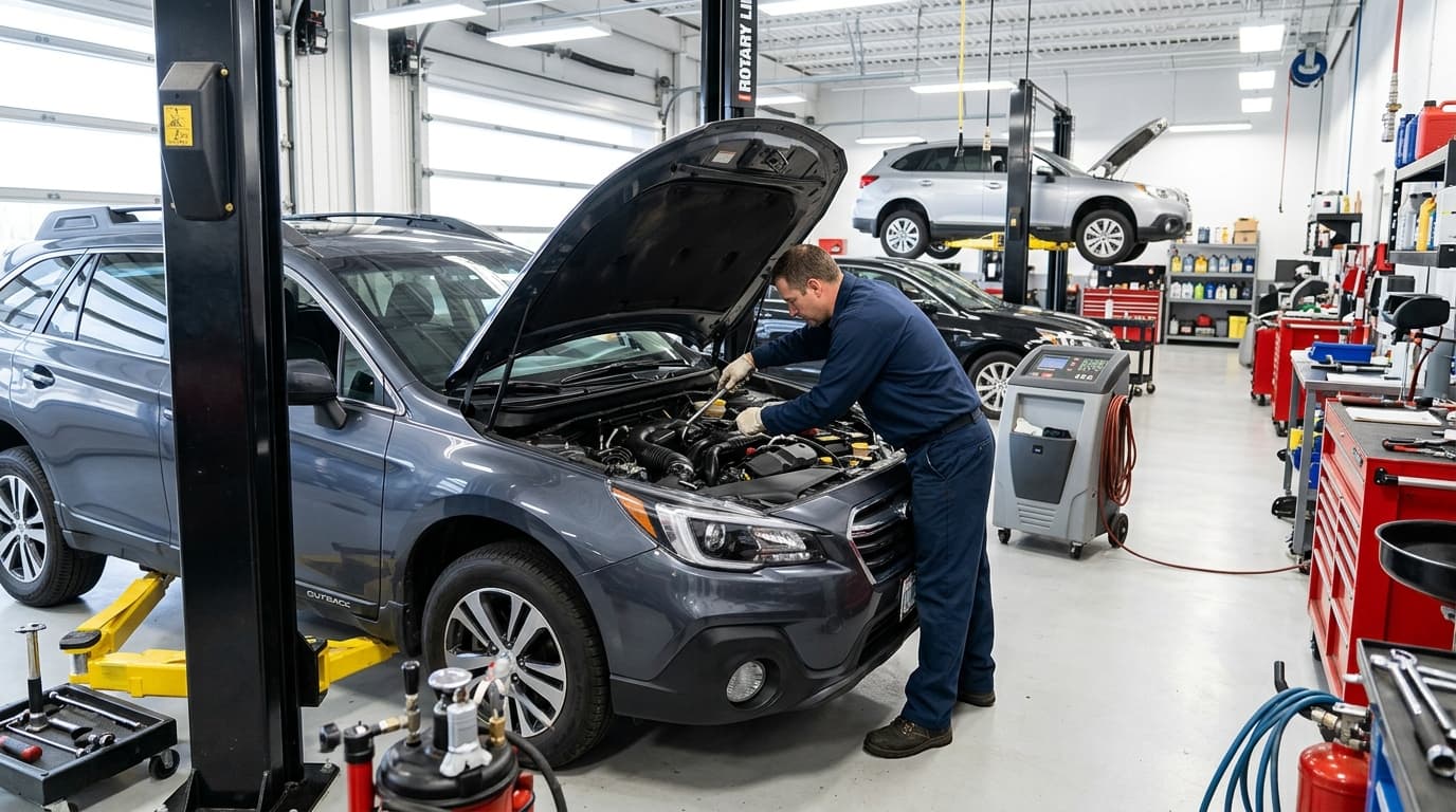Auto mechanic working under car hood in repair shop