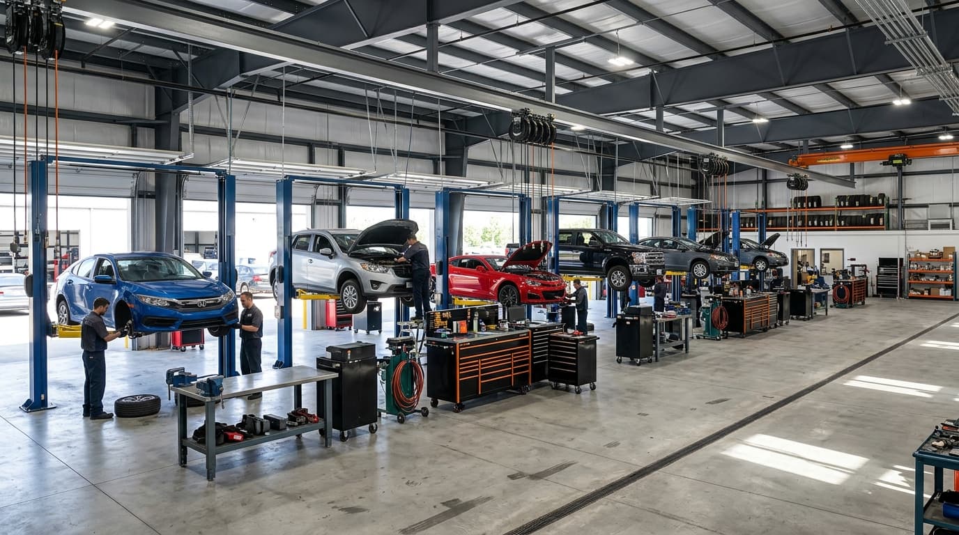 Professional auto repair shop with cars on lifts — AI receptionist books service appointments 24/7