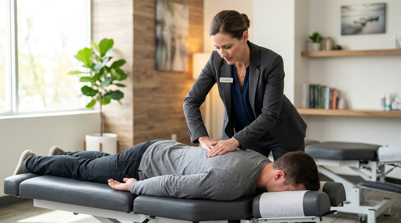 Chiropractor performing spinal adjustment on patient