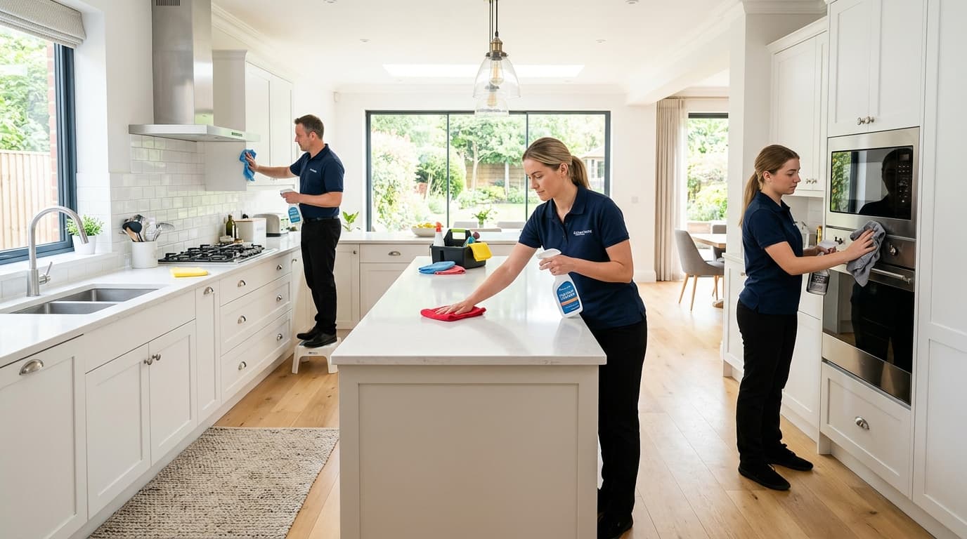 Professional cleaning crew cleaning modern home kitchen