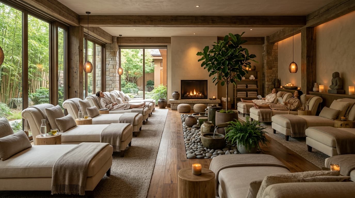 Beautiful day spa relaxation lounge — AI receptionist books spa appointments 24/7