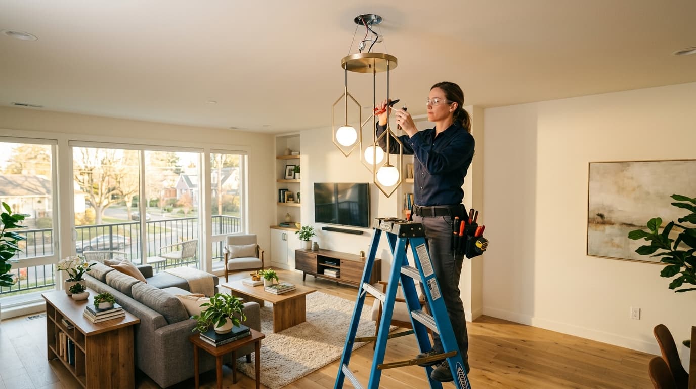 Electrician installing light fixture in modern home — AI answering service for electricians