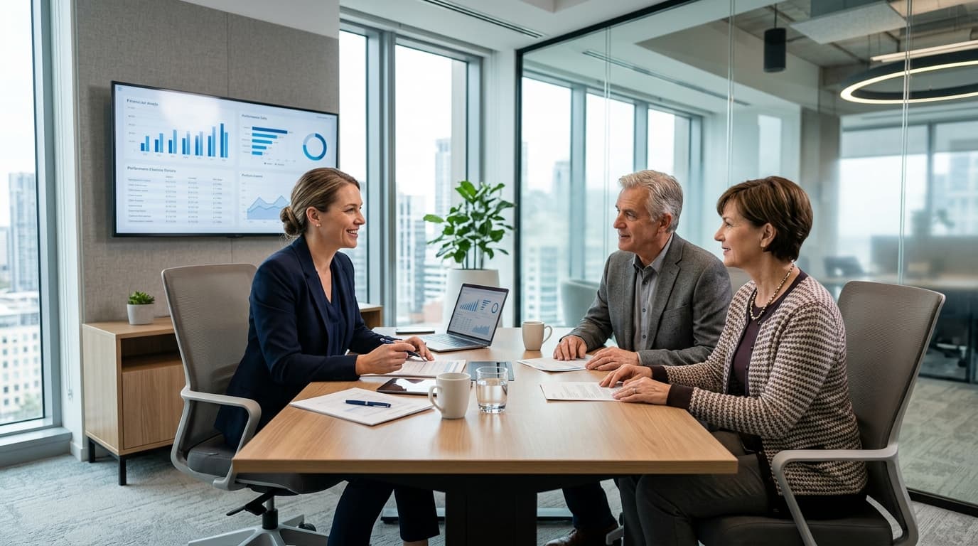 Financial advisor meeting with clients in modern office