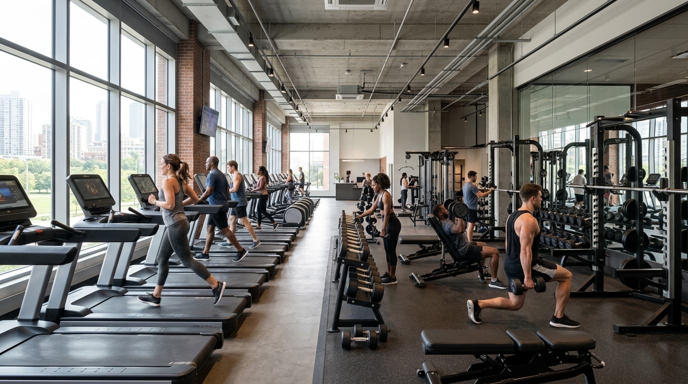 Modern gym interior with people working out