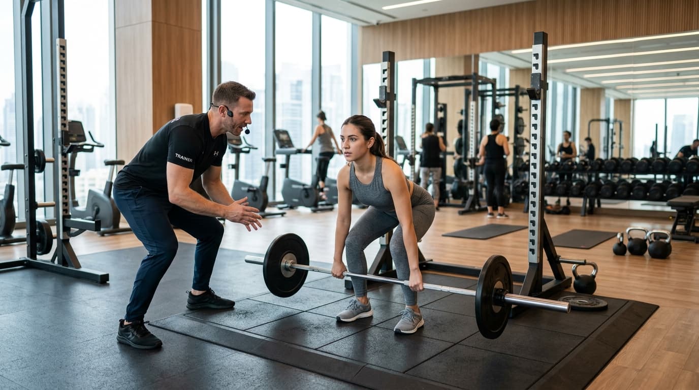 Personal trainer coaching client in modern gym — AI receptionist books gym memberships 24/7