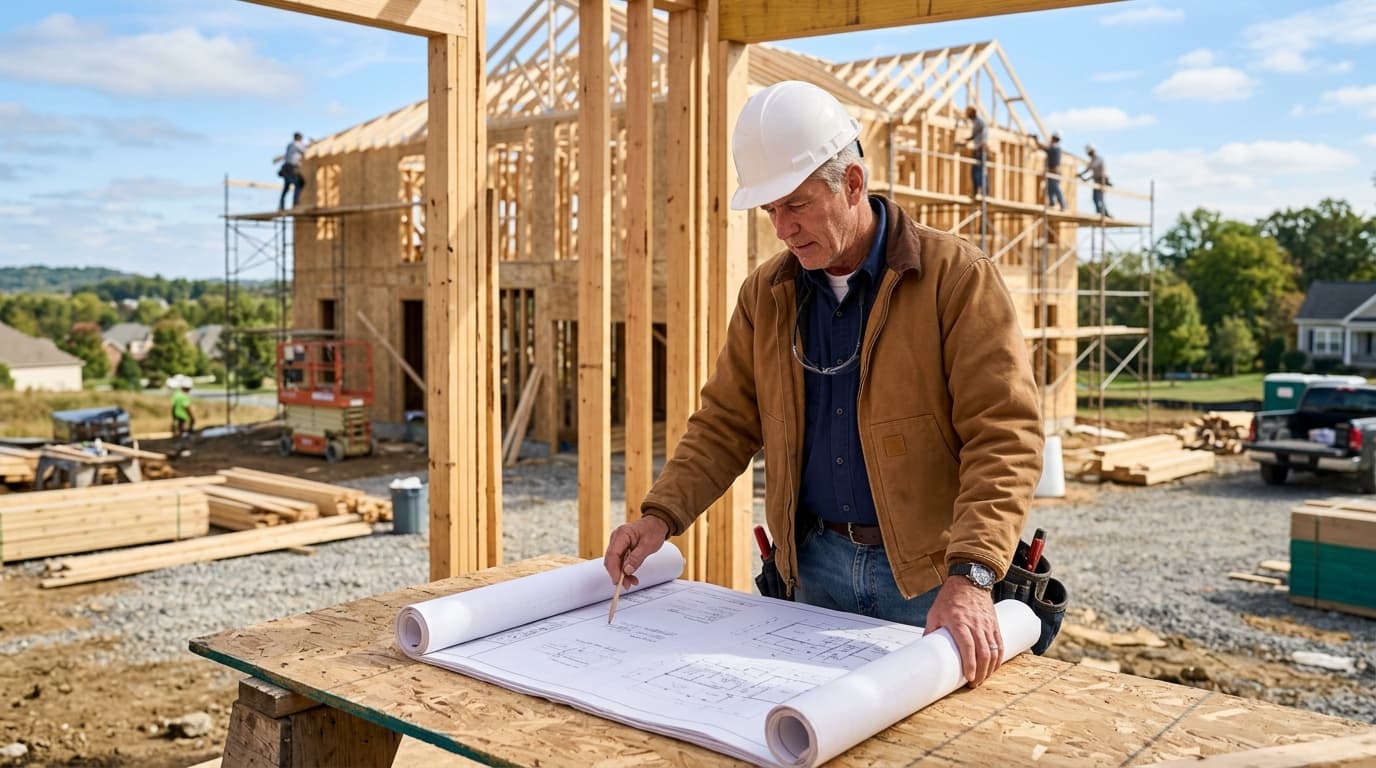 General contractor reviewing blueprints at construction site