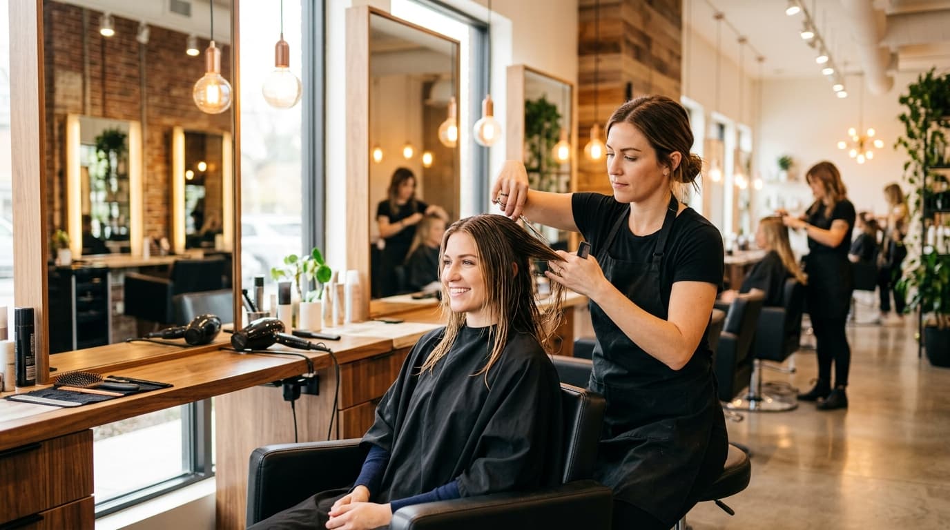 Hair stylist cutting client hair in modern salon