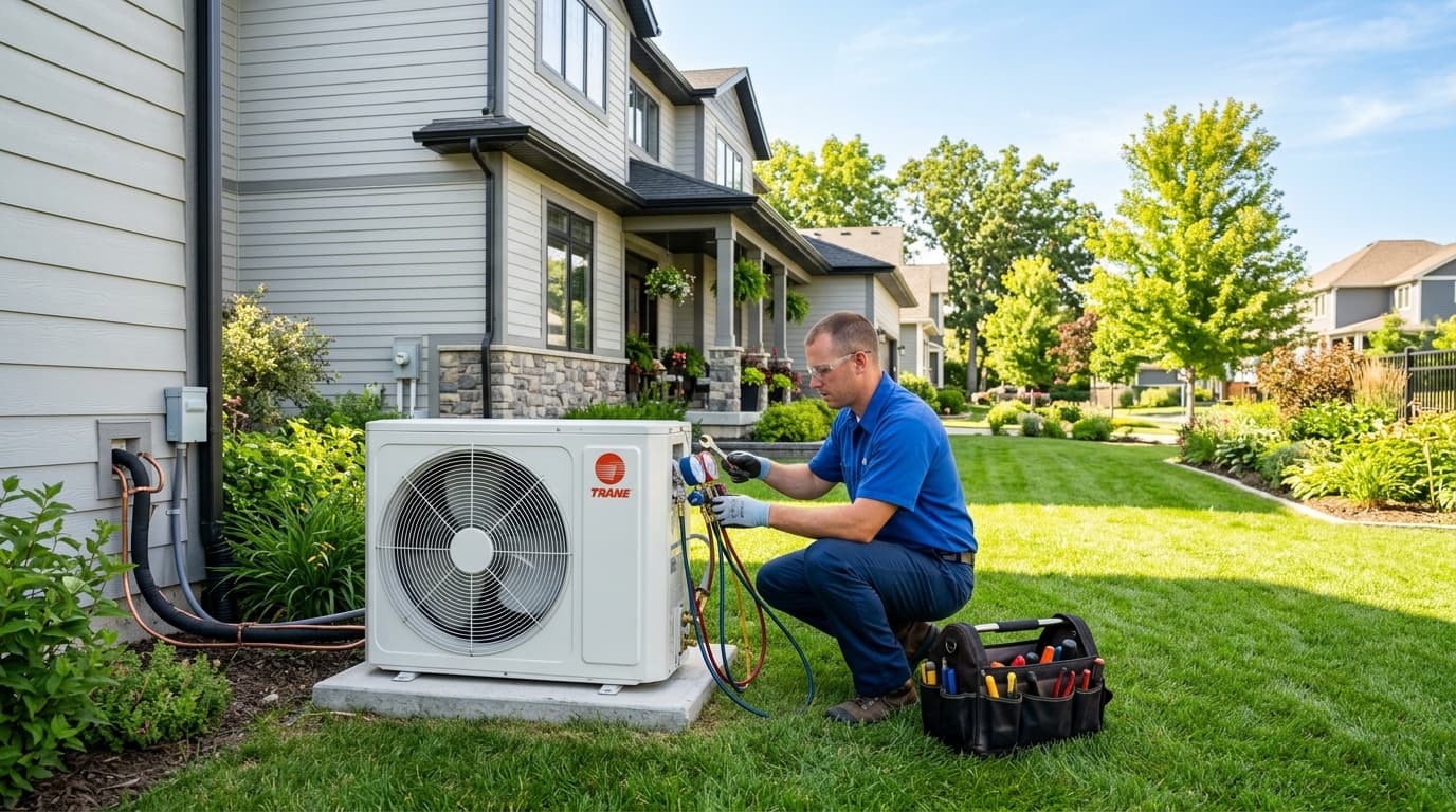 HVAC technician servicing a residential air conditioning condenser