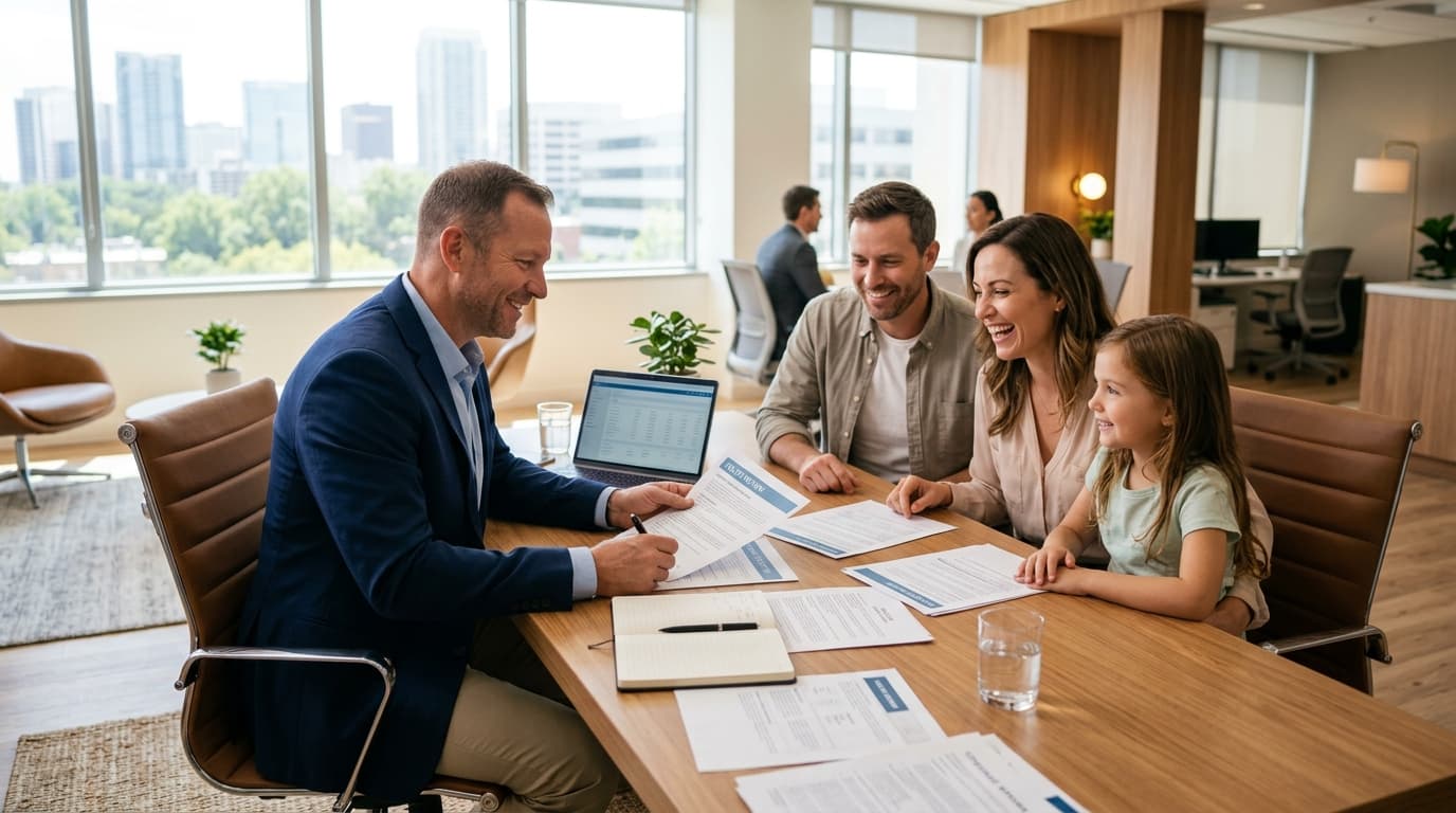 Insurance agent reviewing documents with family
