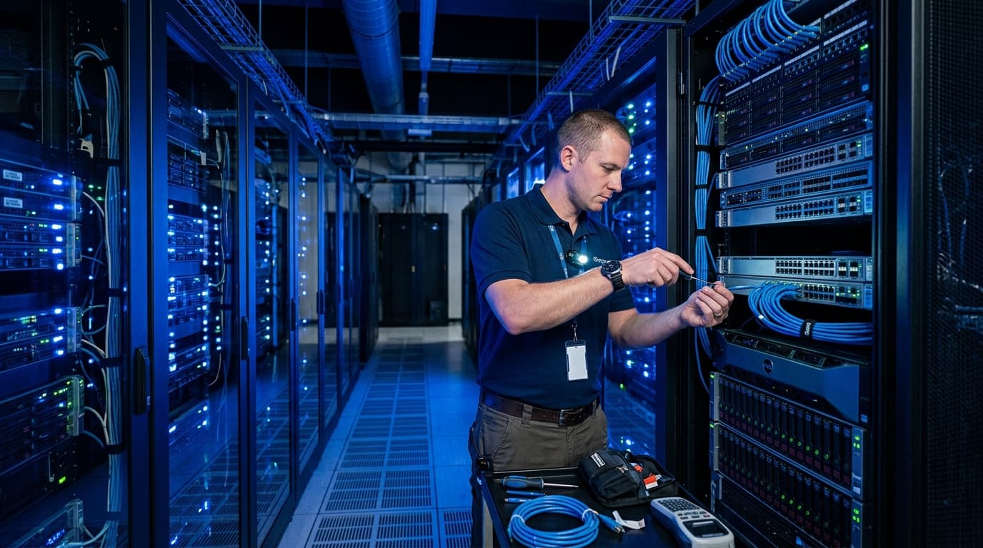 IT technician working in server room