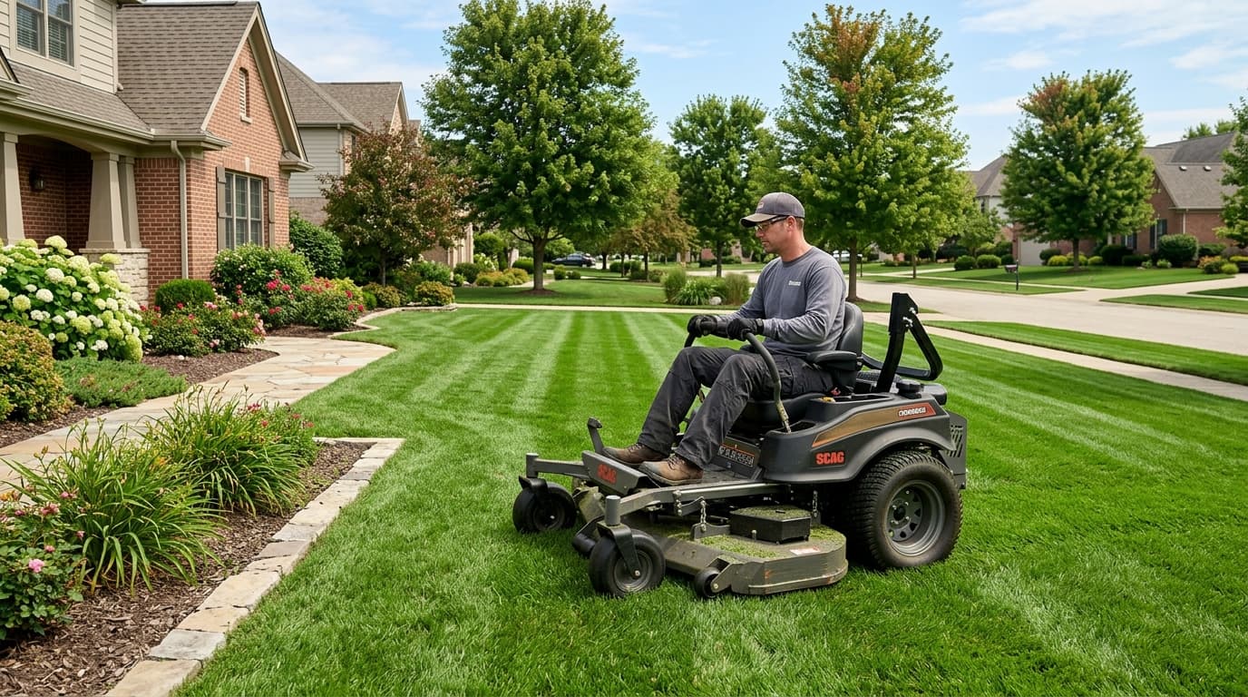 Professional landscaper mowing suburban lawn
