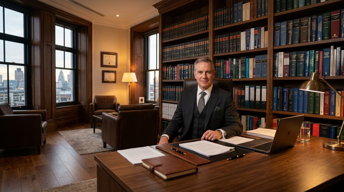 Professional lawyer at desk in law firm office