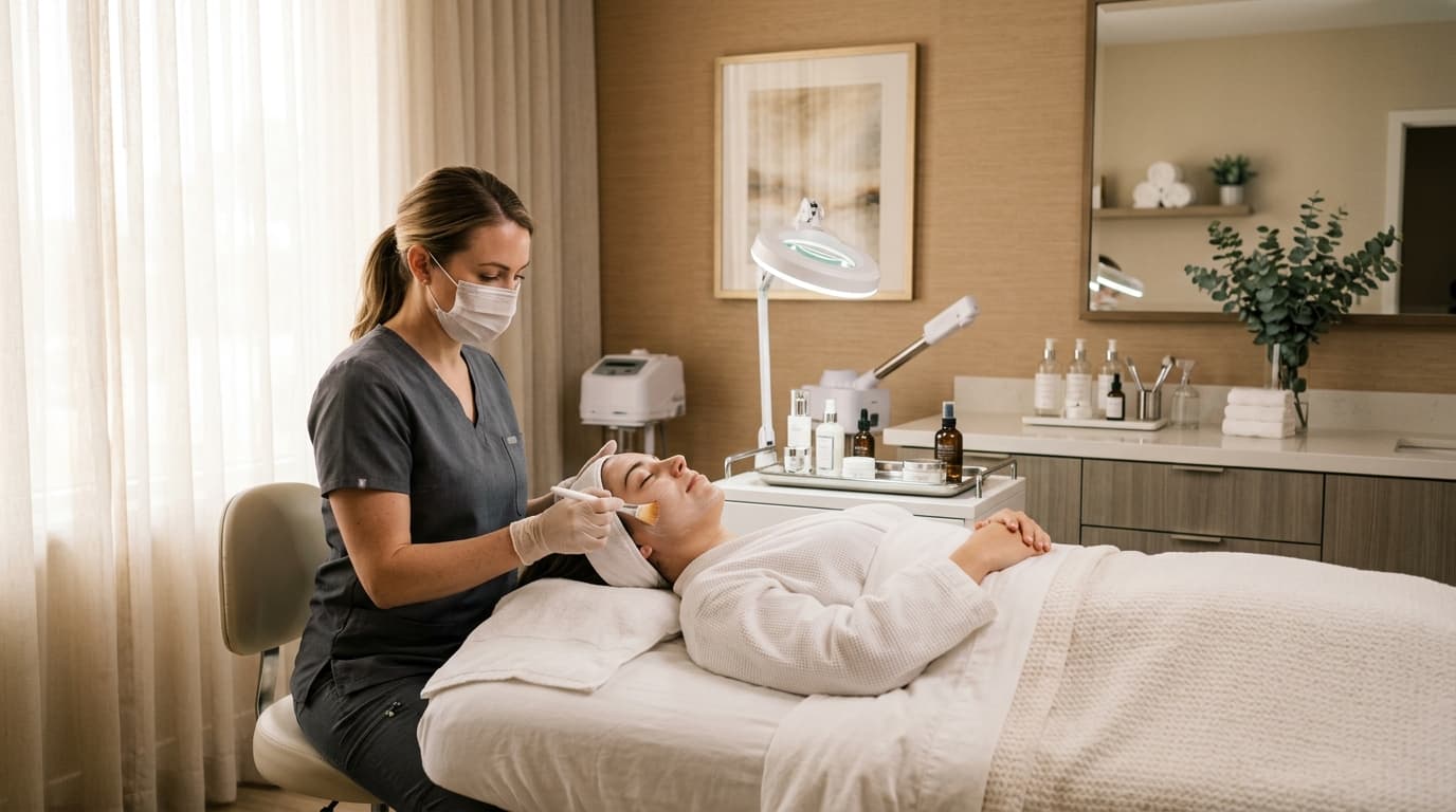 Aesthetician performing facial treatment at med spa