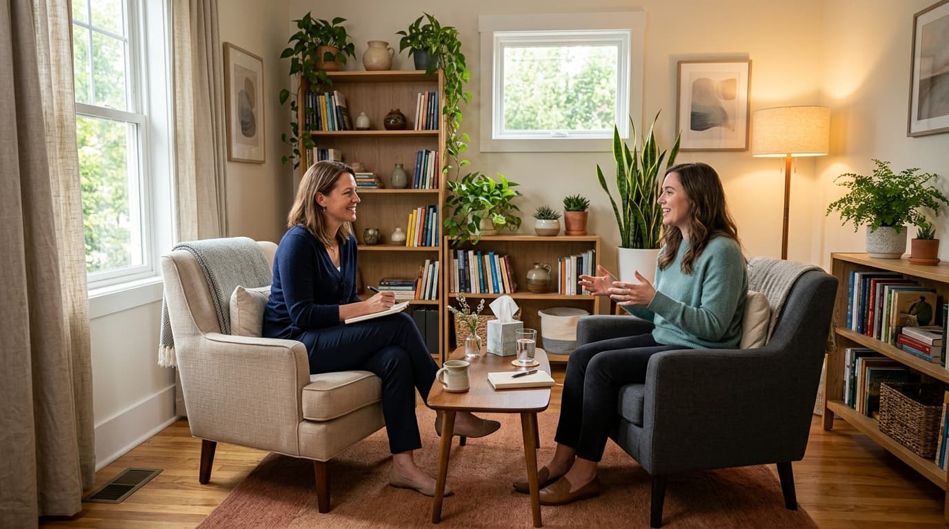 Therapist and client in comfortable therapy session