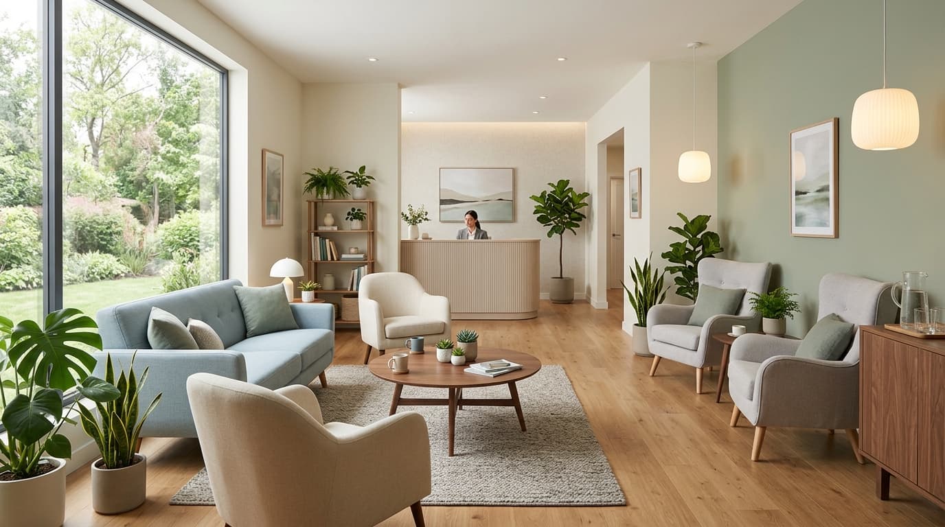 Modern mental health practice waiting room — AI receptionist schedules therapy appointments 24/7