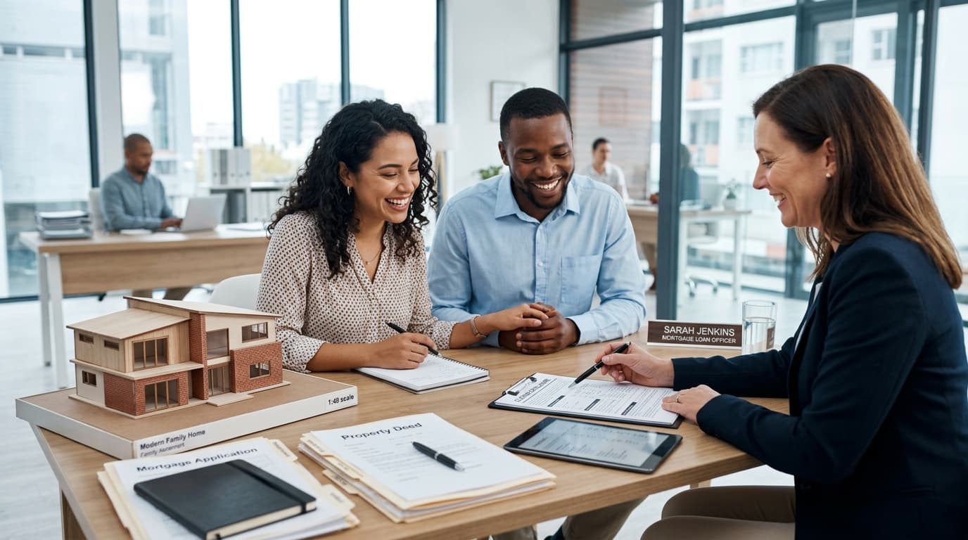 Mortgage loan officer reviewing documents with couple