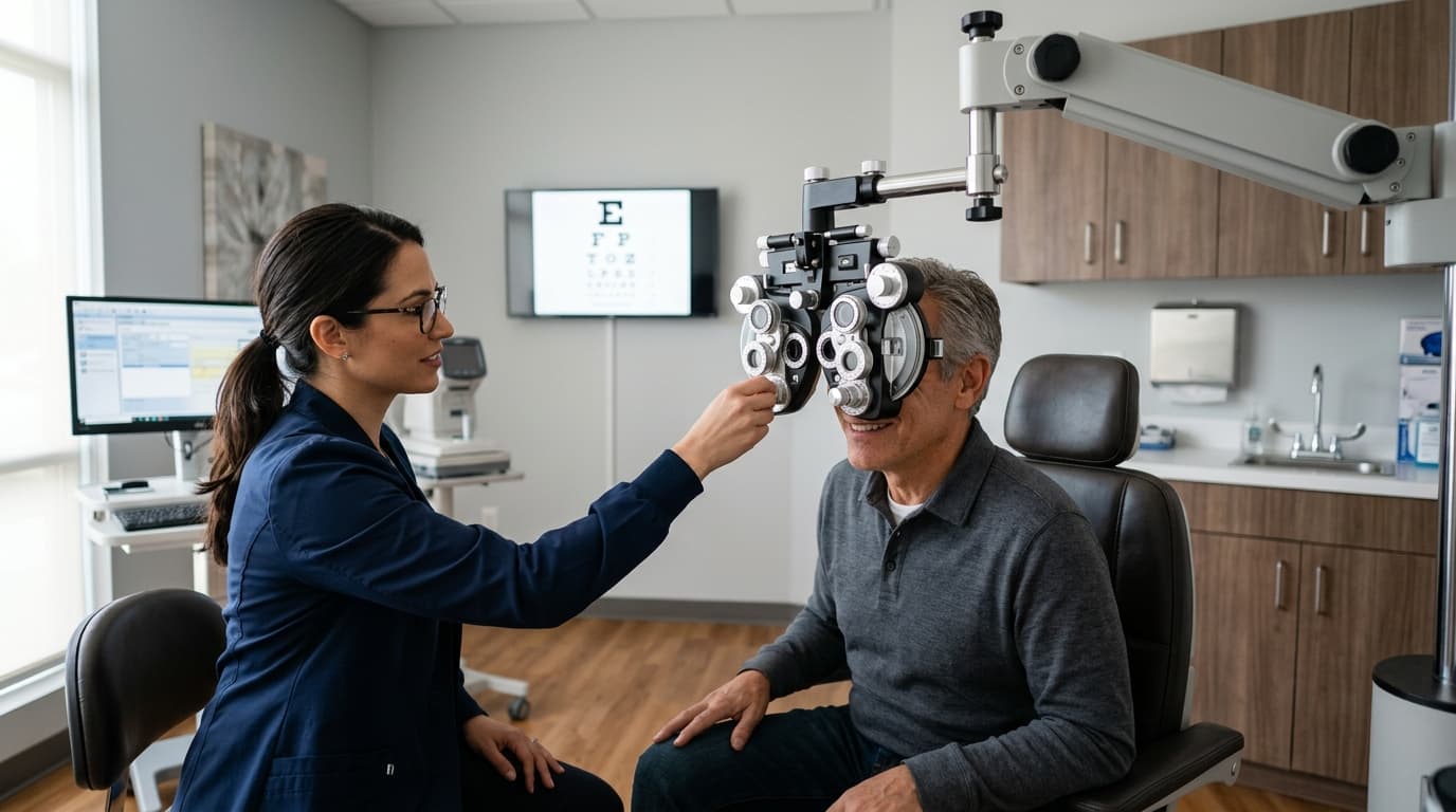 Optometrist testing patient vision with phoropter