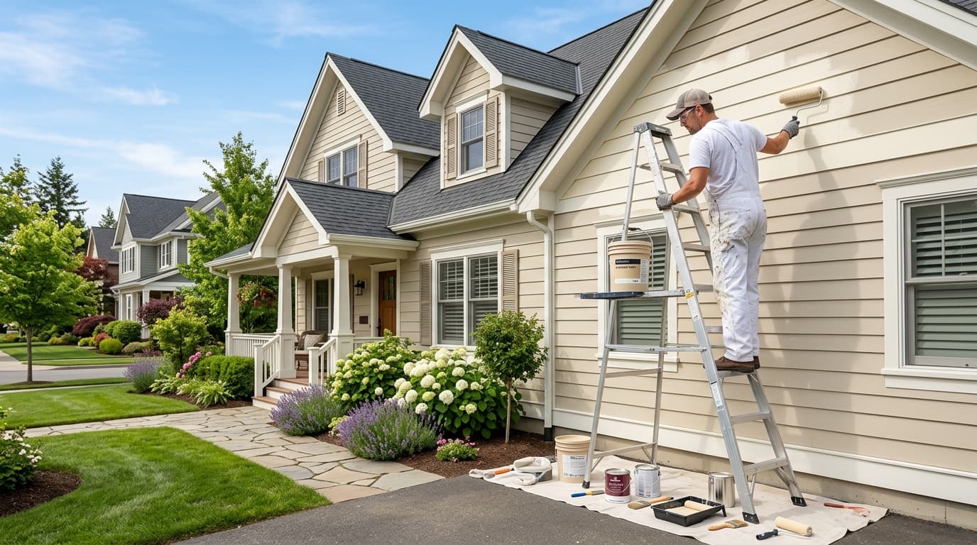 Professional house painter painting home exterior