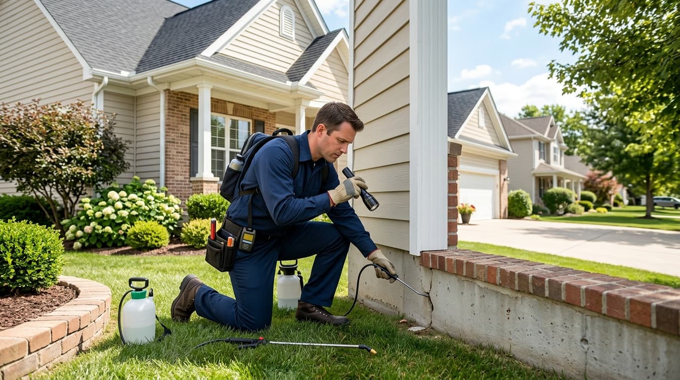 Pest control technician inspecting home exterior