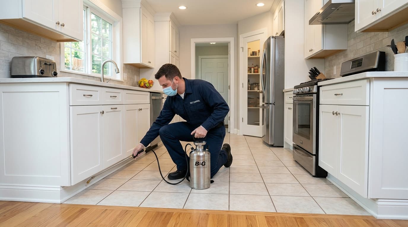 Pest control professional treating residential kitchen — AI receptionist schedules pest control services 24/7