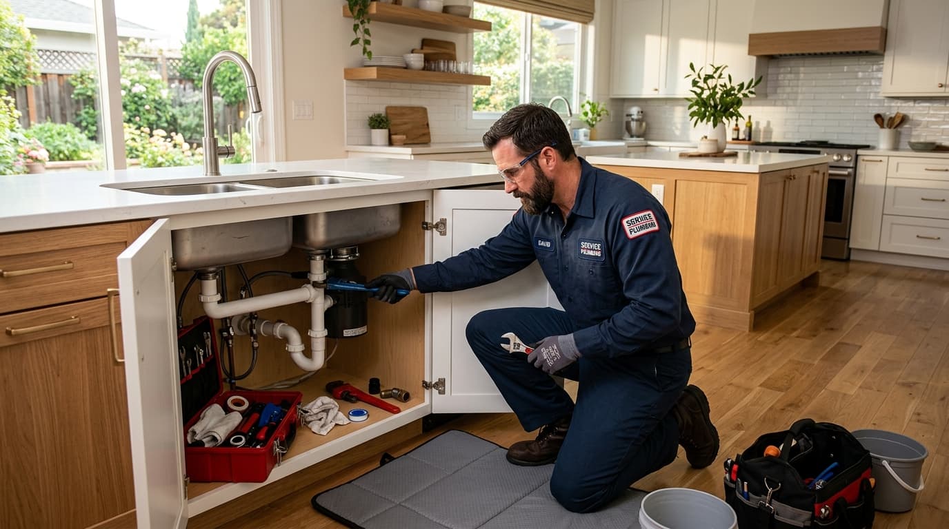 Professional plumber repairing kitchen sink pipes