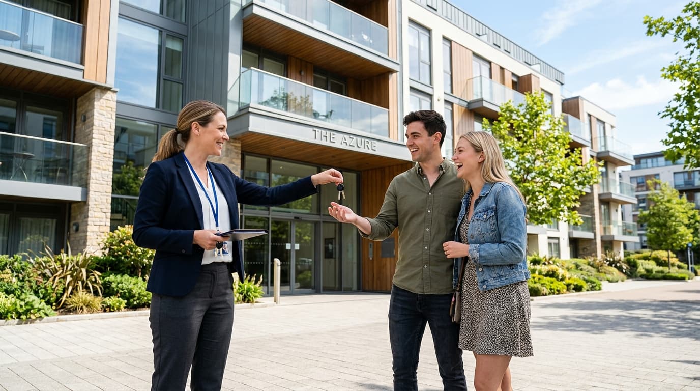 Property manager handing keys to new tenants — RevSquared AI phone agents for property management