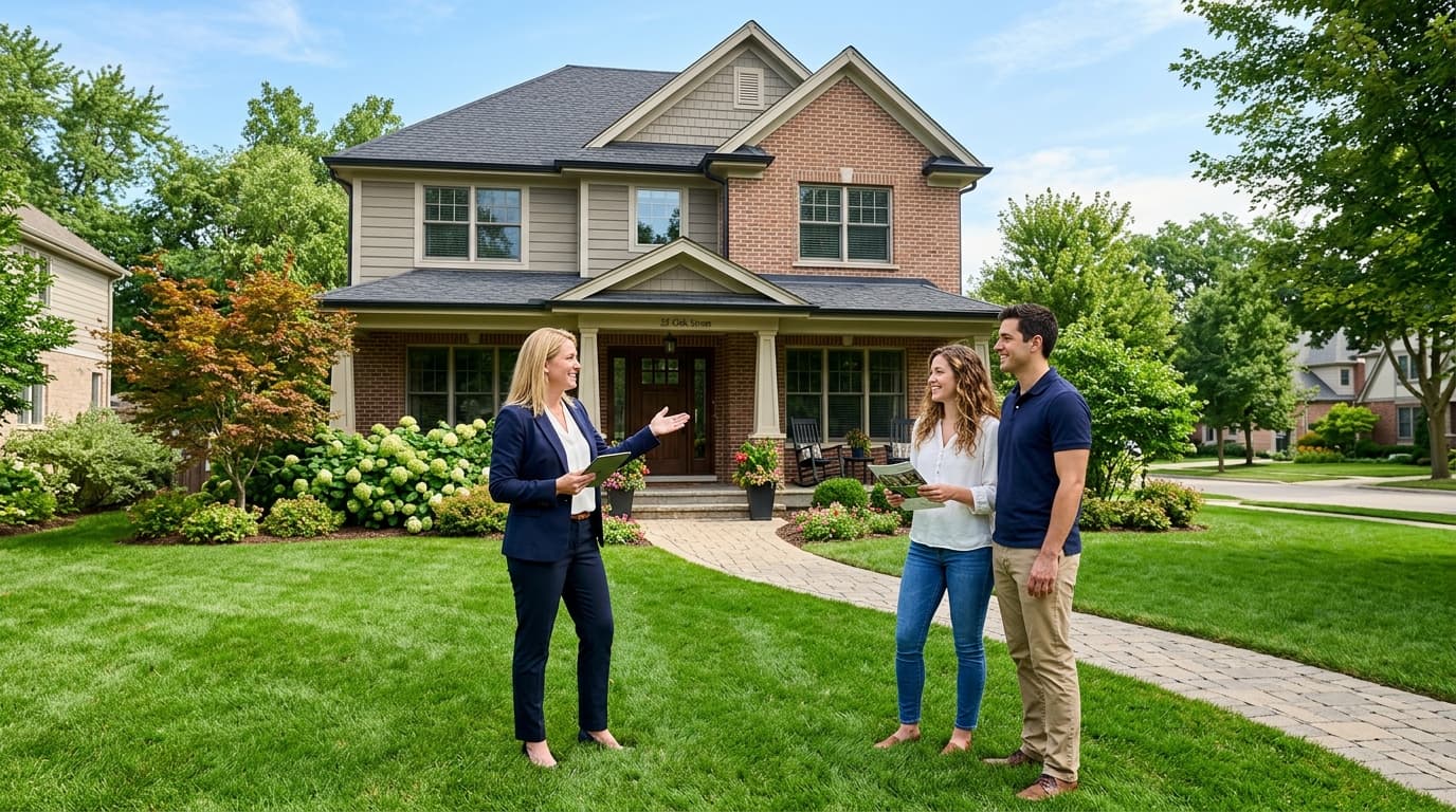 Real estate agent showing home to buyers