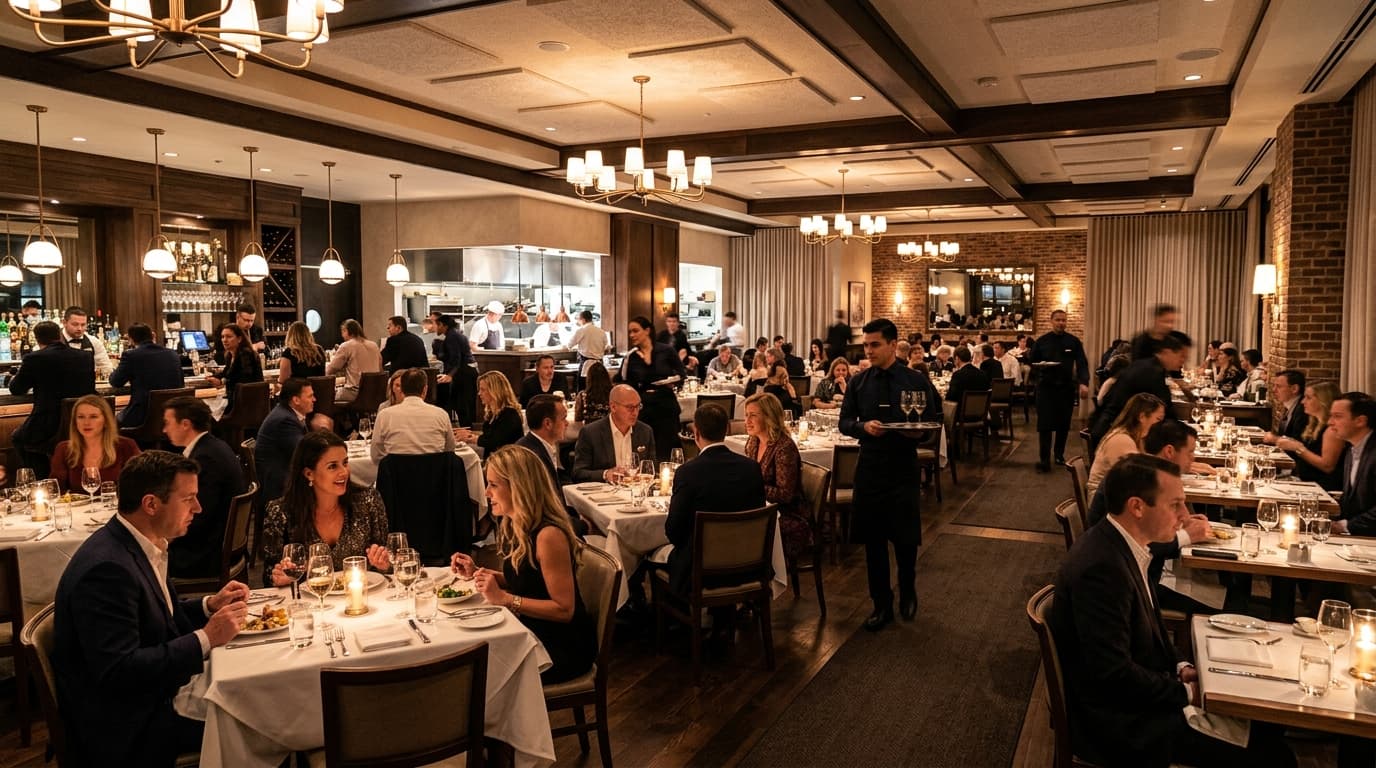 Busy upscale restaurant interior during dinner service