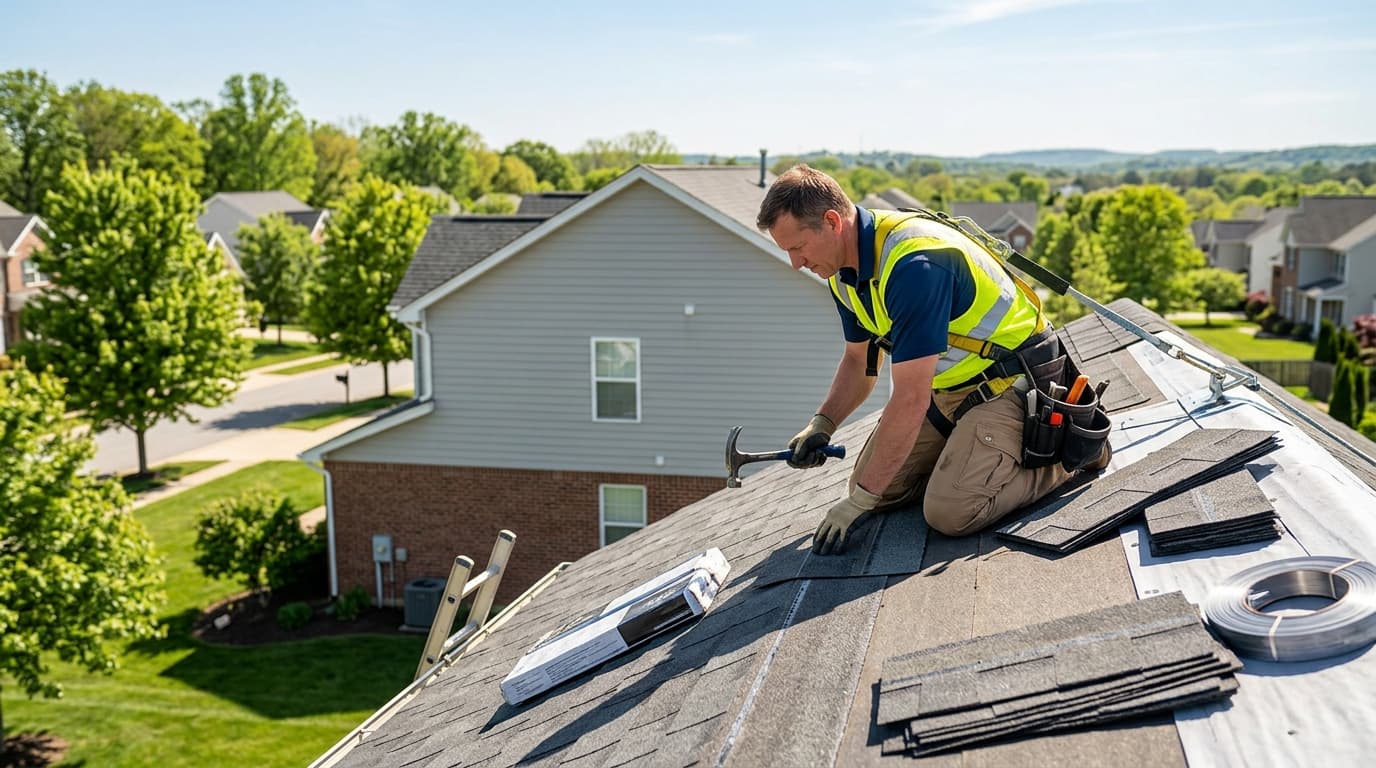 Professional roofer installing shingles on residential roof
