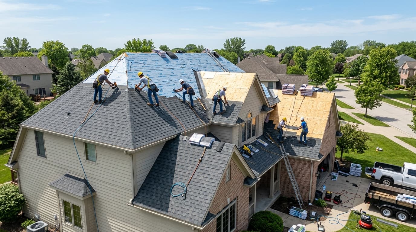 Roofing crew working on residential roof replacement — AI receptionist handles storm damage calls