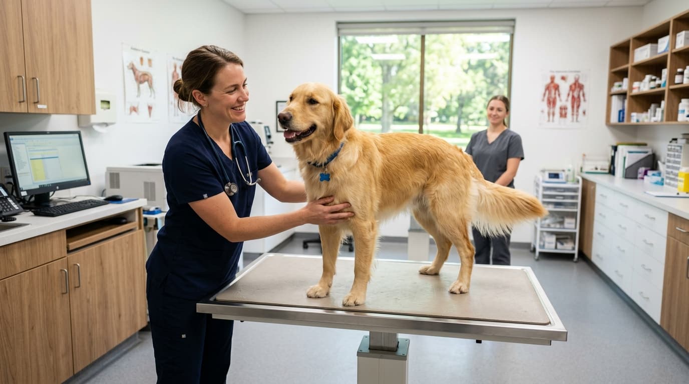 Veterinarian examining dog in modern vet clinic