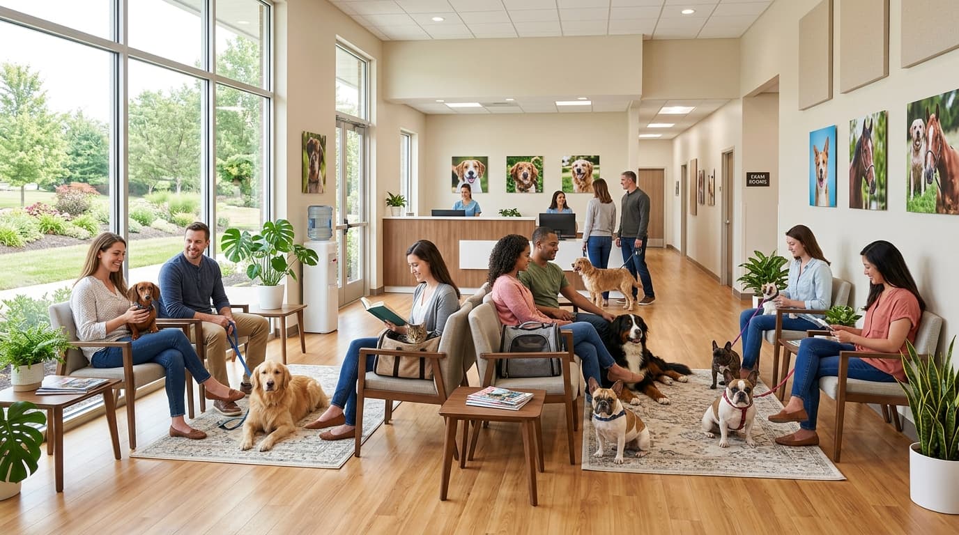 Modern veterinary clinic waiting room with pets — AI answering service for vet clinics