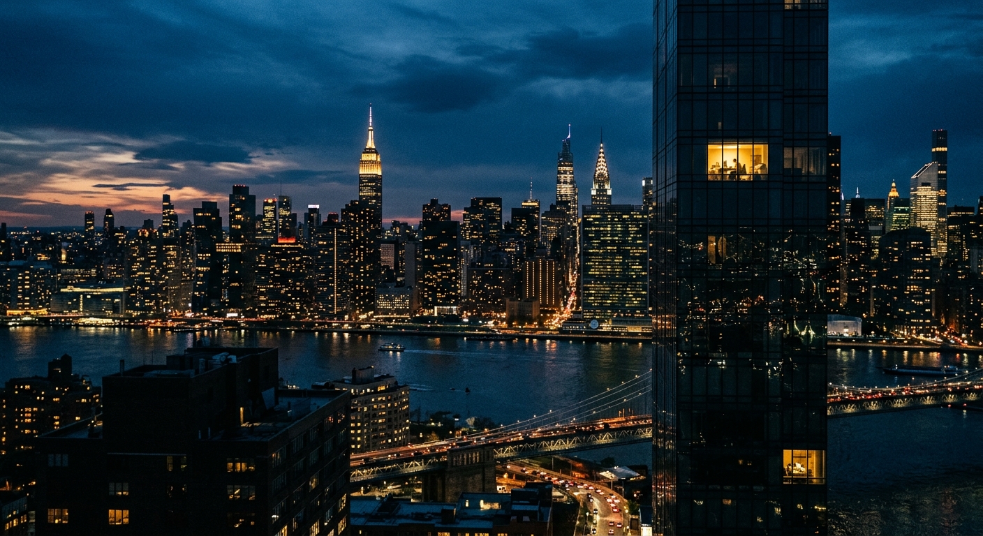 A city skyline at night with office buildings lit up showing after-hours activity