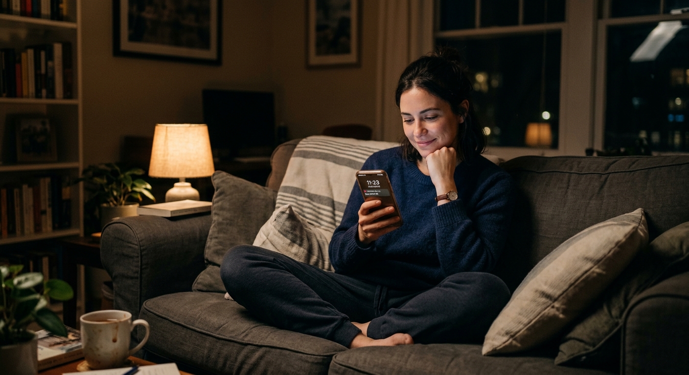 A business owner checking their phone late at night from home