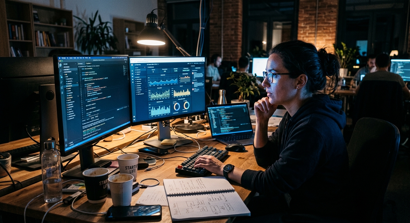 A founder working late at a desk with multiple monitors showing code and dashboards