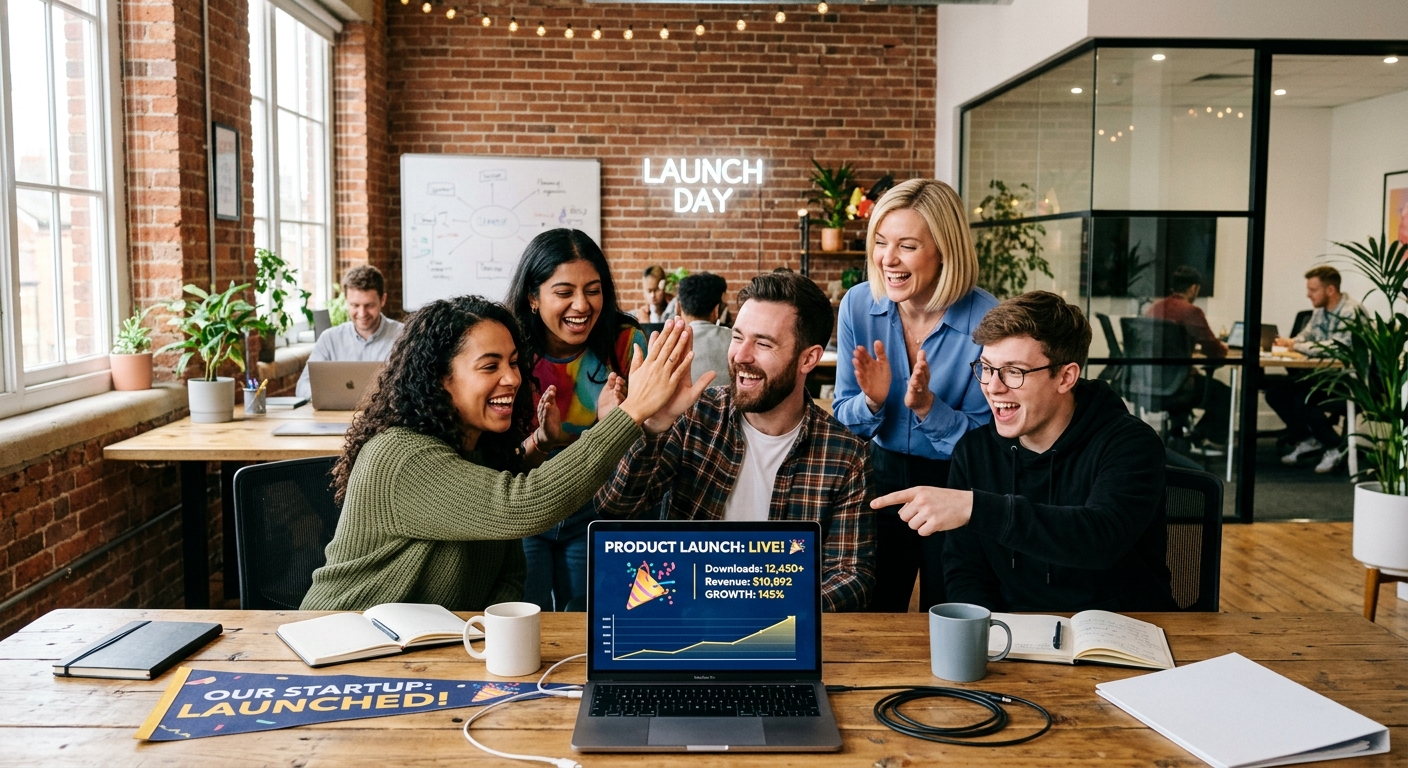 A team celebrating the launch of a new product in a modern office