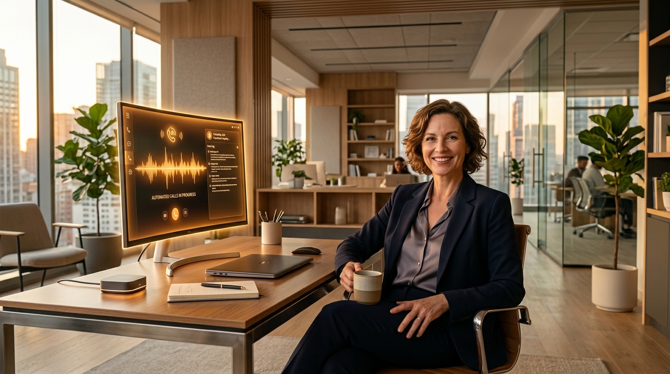 Business owner relaxed while AI handles calls