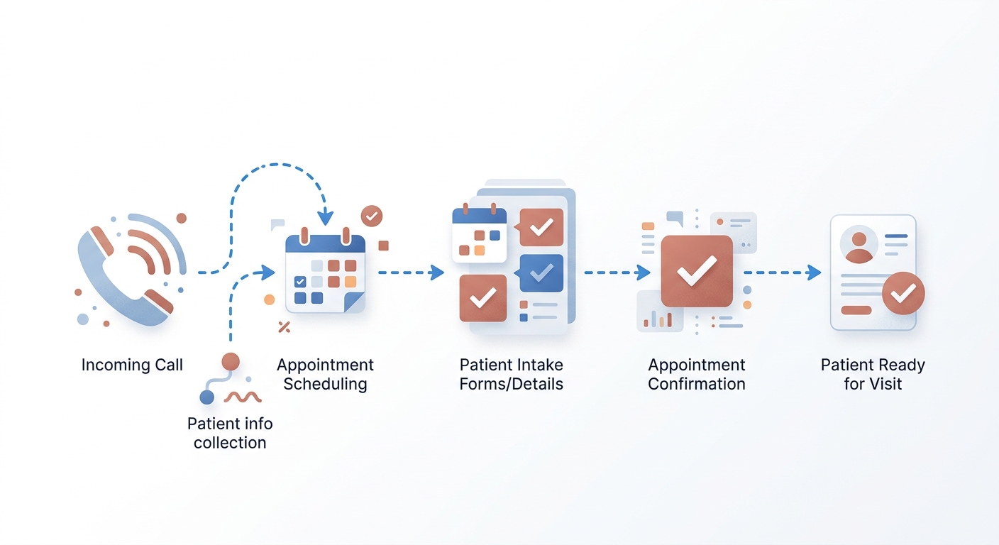A dental AI receptionist interface showing patient intake call flows and appointment booking confirmations