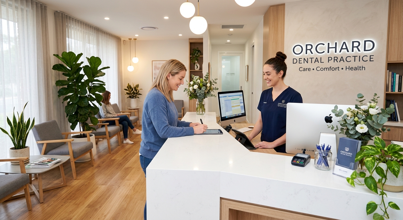 A clean modern dental office reception area with a welcoming front desk