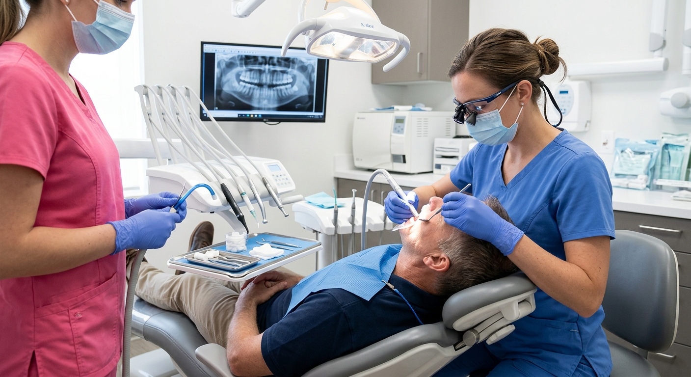 A dentist working with a patient in a modern clinical setting