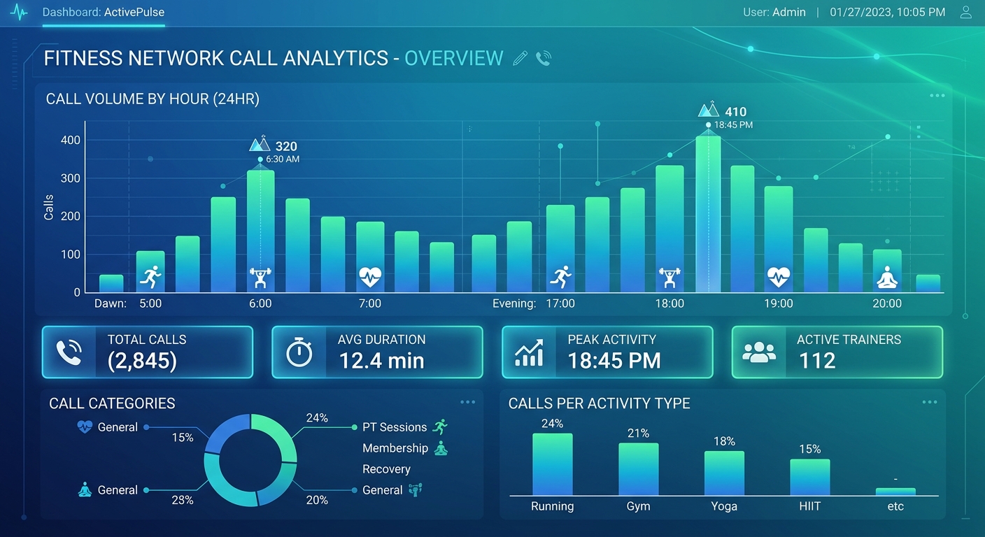 Call analytics showing peak gym call volume during early morning and evening hours outside typical front desk staffing windows