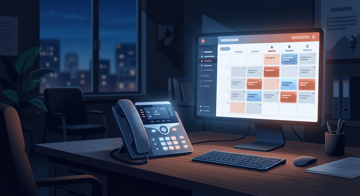 A medical practice phone ringing after hours with a calendar showing missed appointment slots
