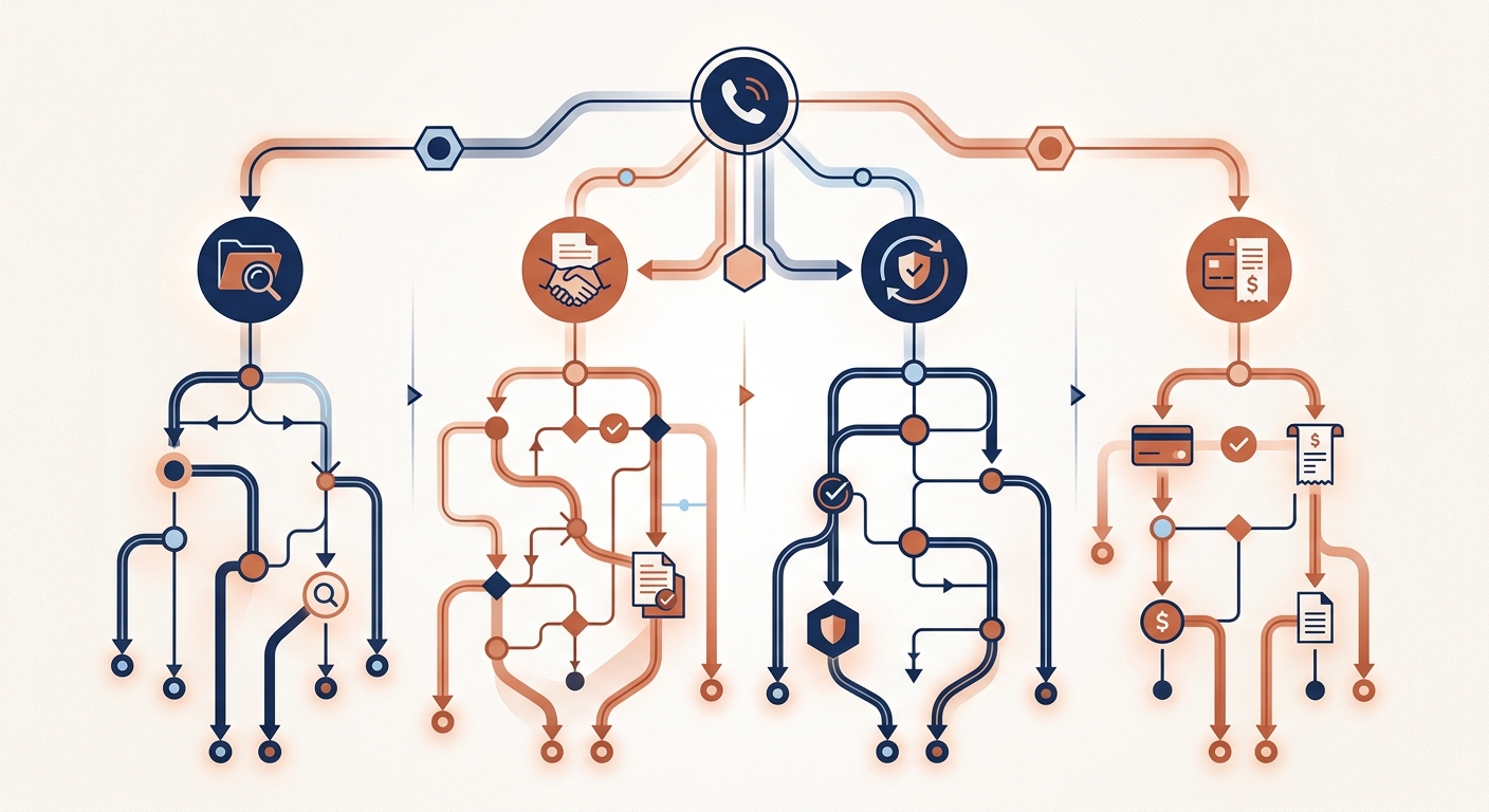 Four insurance call types — quote, claim, service, and billing — each handled with distinct routing paths