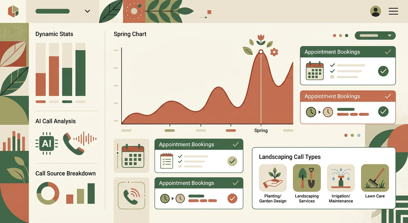 AI dashboard showing landscaping call flows — estimate requests, recurring service sign-ups, and urgent storm calls with appointment confirmations and seasonal analytics
