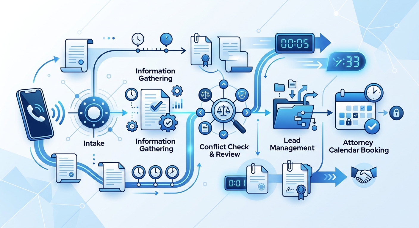 A detailed AI intake workflow diagram showing the steps from first ring to booked consultation, abstract digital illustration, blue and white professional palette